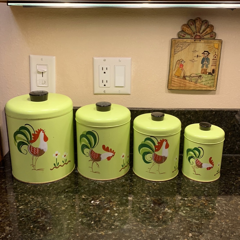 Vintage Ransburg Rooster Lime Green 4 – Canister Set